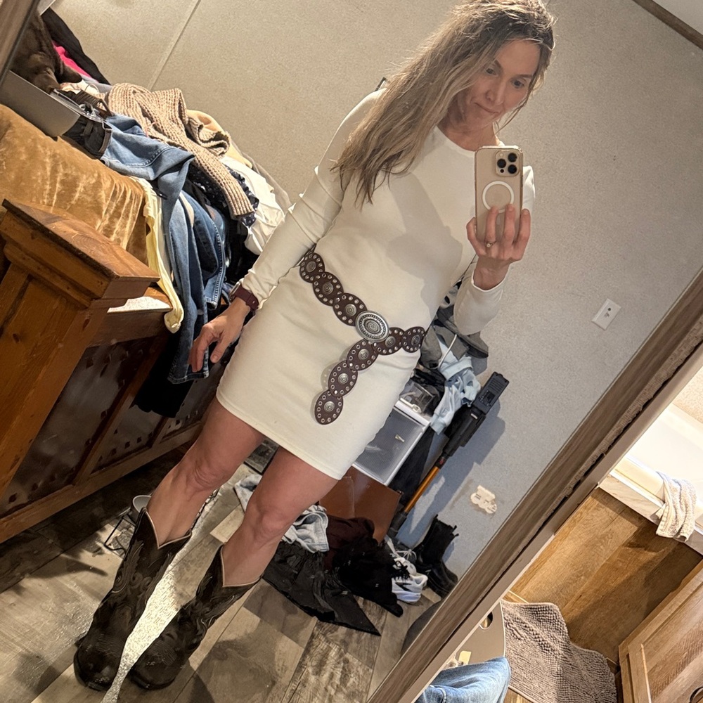 Country dresses: white dress,tan sweater dress, black dress, faux leather shrts